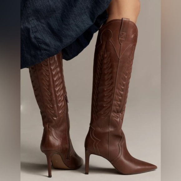 Anthropologie Brown Leather Knee-High Western Stiletto Boots. Brand New. - Picture 2 of 9